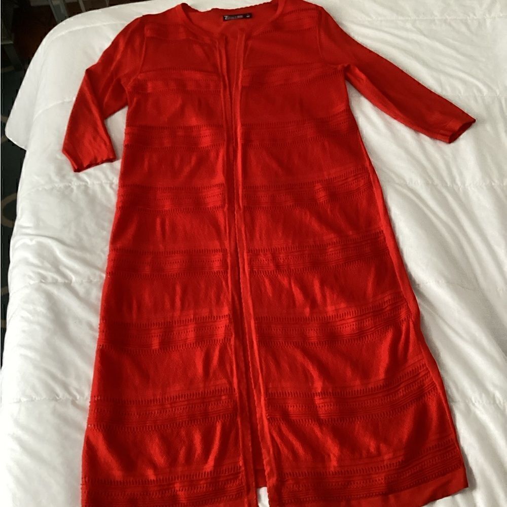 NY & Co L red duster crochet knit, red
